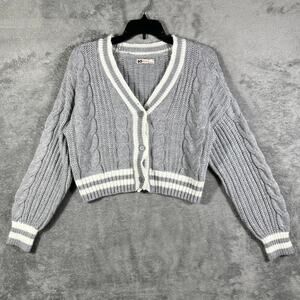 Sonoma Women's S Cardigan‎ Sweater Cropped Grey White Button Cable Knit